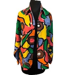 Rodier Paris Graffiti Print Multicolored Women's Boho‎ 100% Silk Shirt, Small